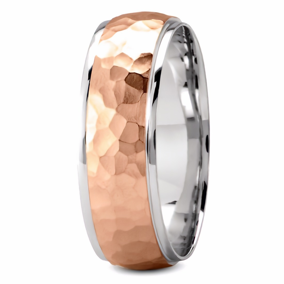 14k Rose Gold & Platinum Two Tone Hammered Mens Wedding Band Comfort F –  Bliss Diamond