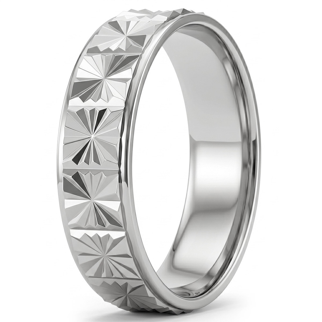 Diamond-Cut Star Wedding Band 18k White Gold Ring for Men and Women
