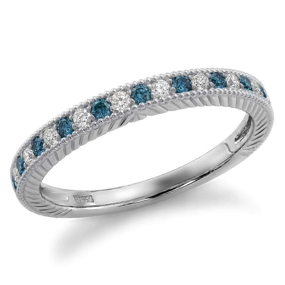 Alternating Blue and White Diamond Wedding Ring Vintage Inspired
