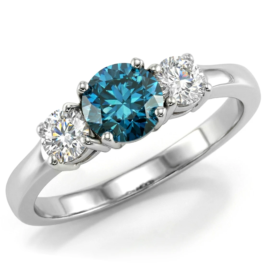 3 Stone Blue and White Diamond Engagement Ring