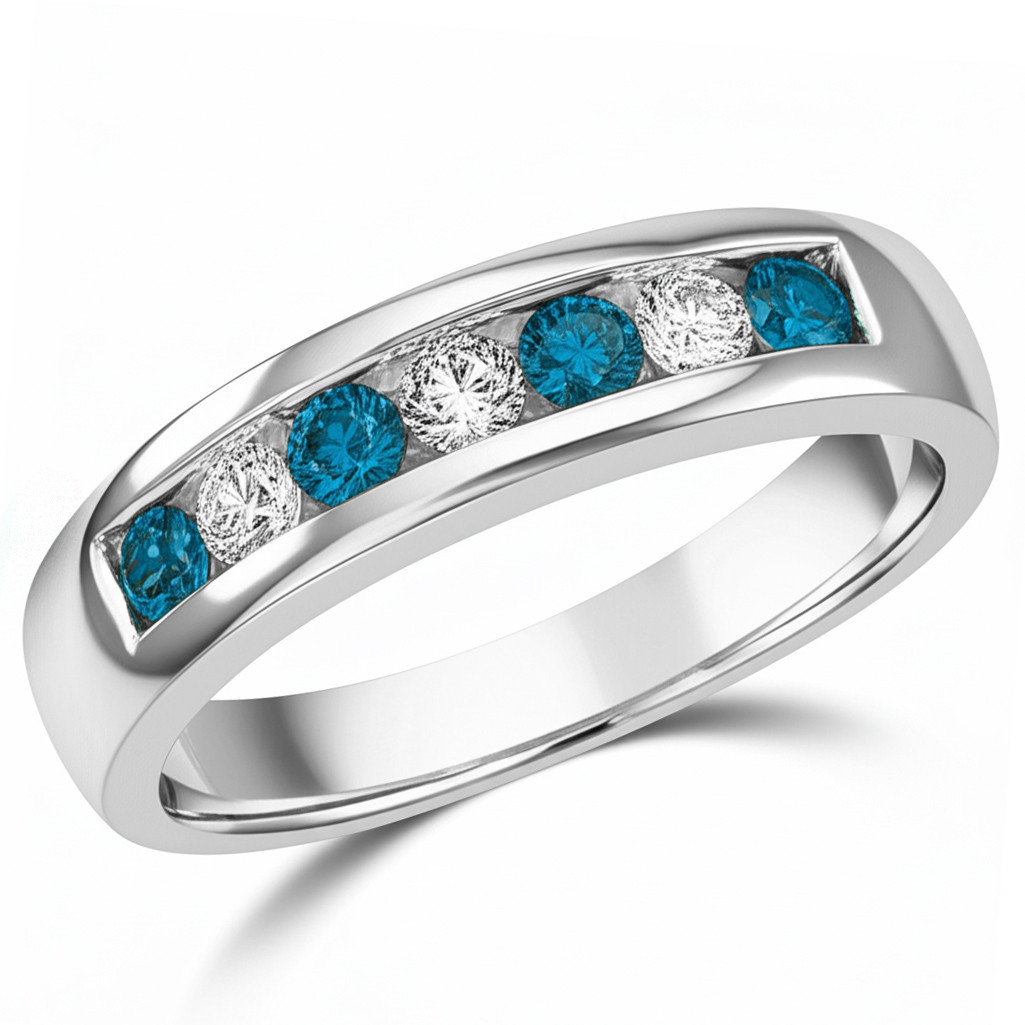 Alternating Blue and White Diamond Wedding Ring Men's Band