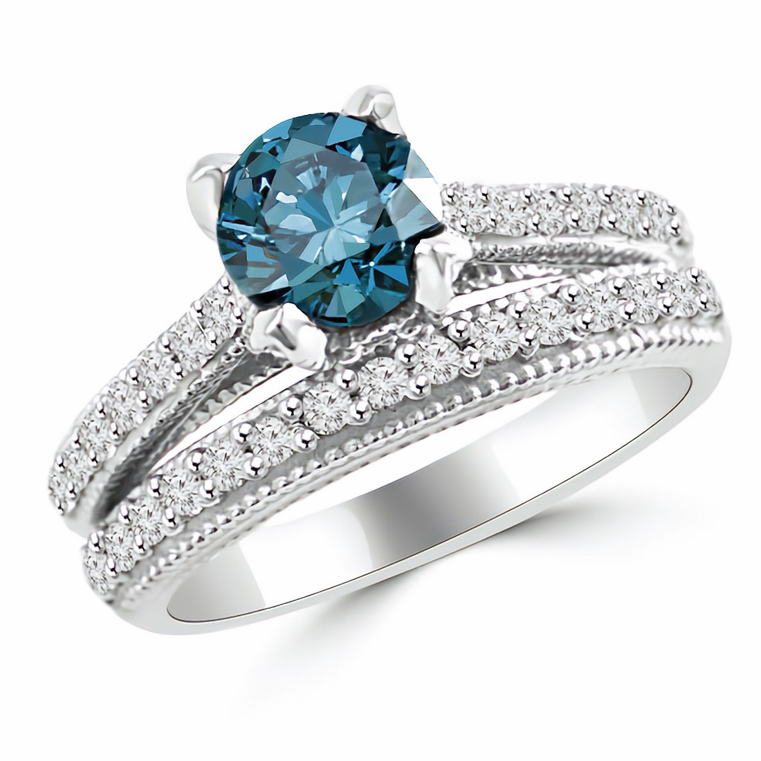 Vintage Style Blue Diamond Matching Engagement Ring Set