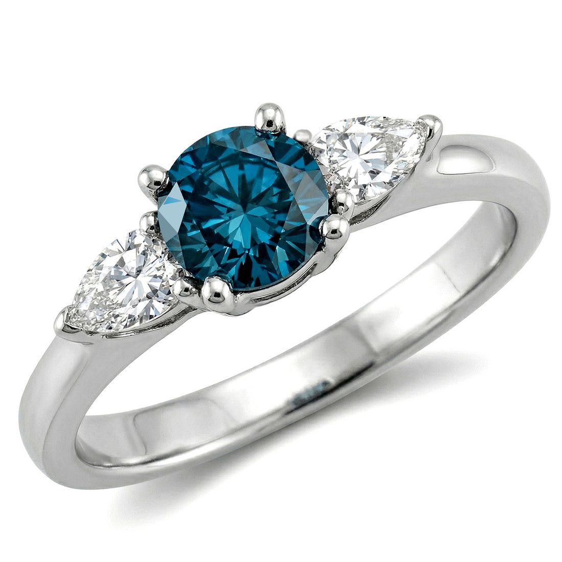 Blue and Pear-Cut White Diamond Three Stone Engagement Ring