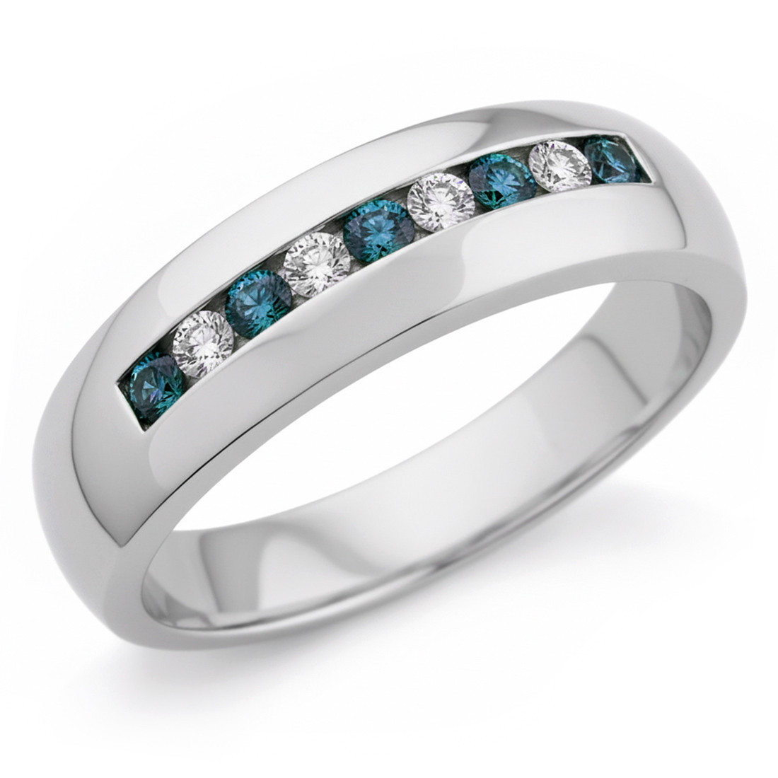 Alternating Blue White Diamond Men's Wedding Band Channel Ring