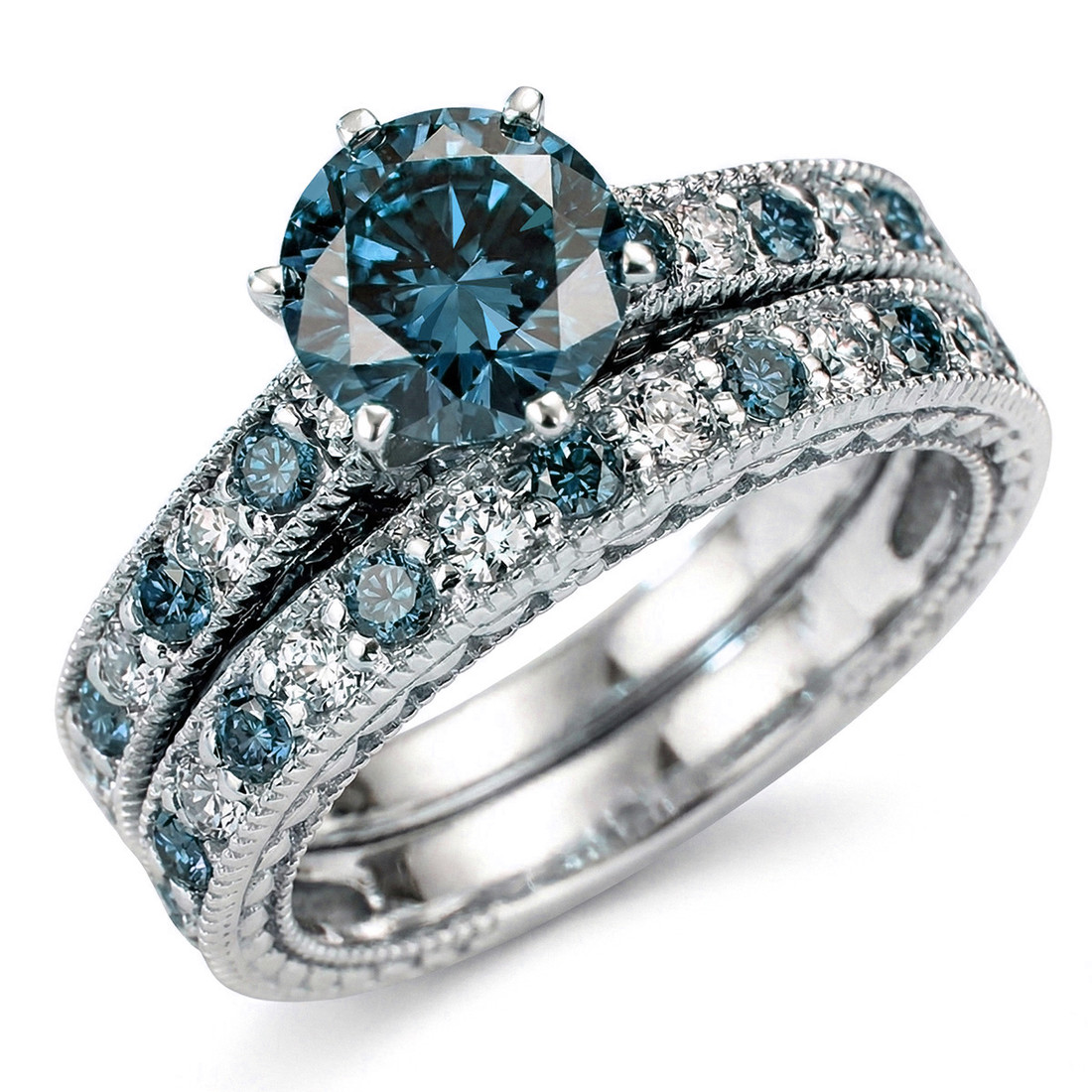 Fancy Blue Diamond Engagement Wedding Ring Set Vintage