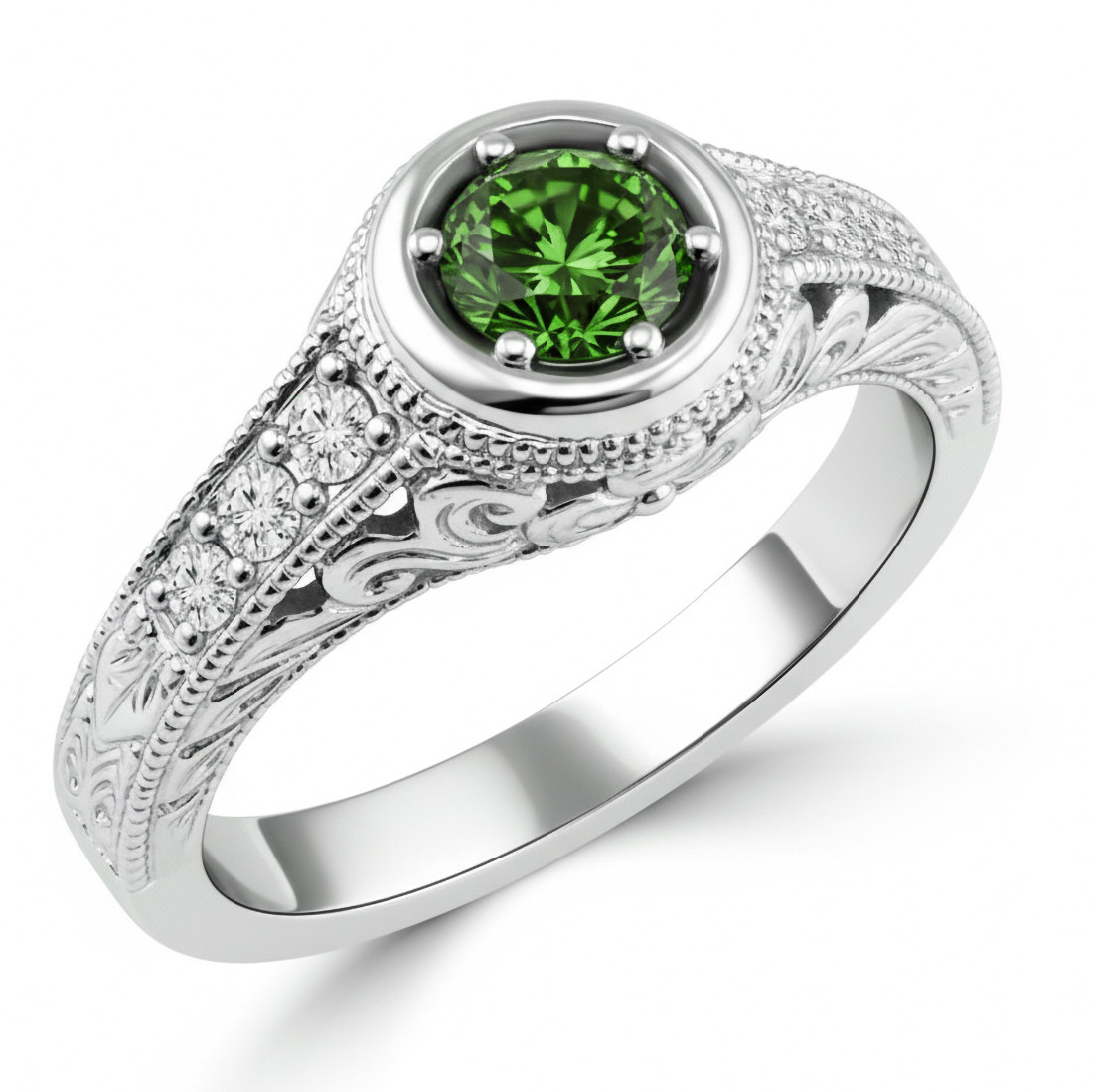 Engraved Green Diamond Engagement Ring Vintage Design