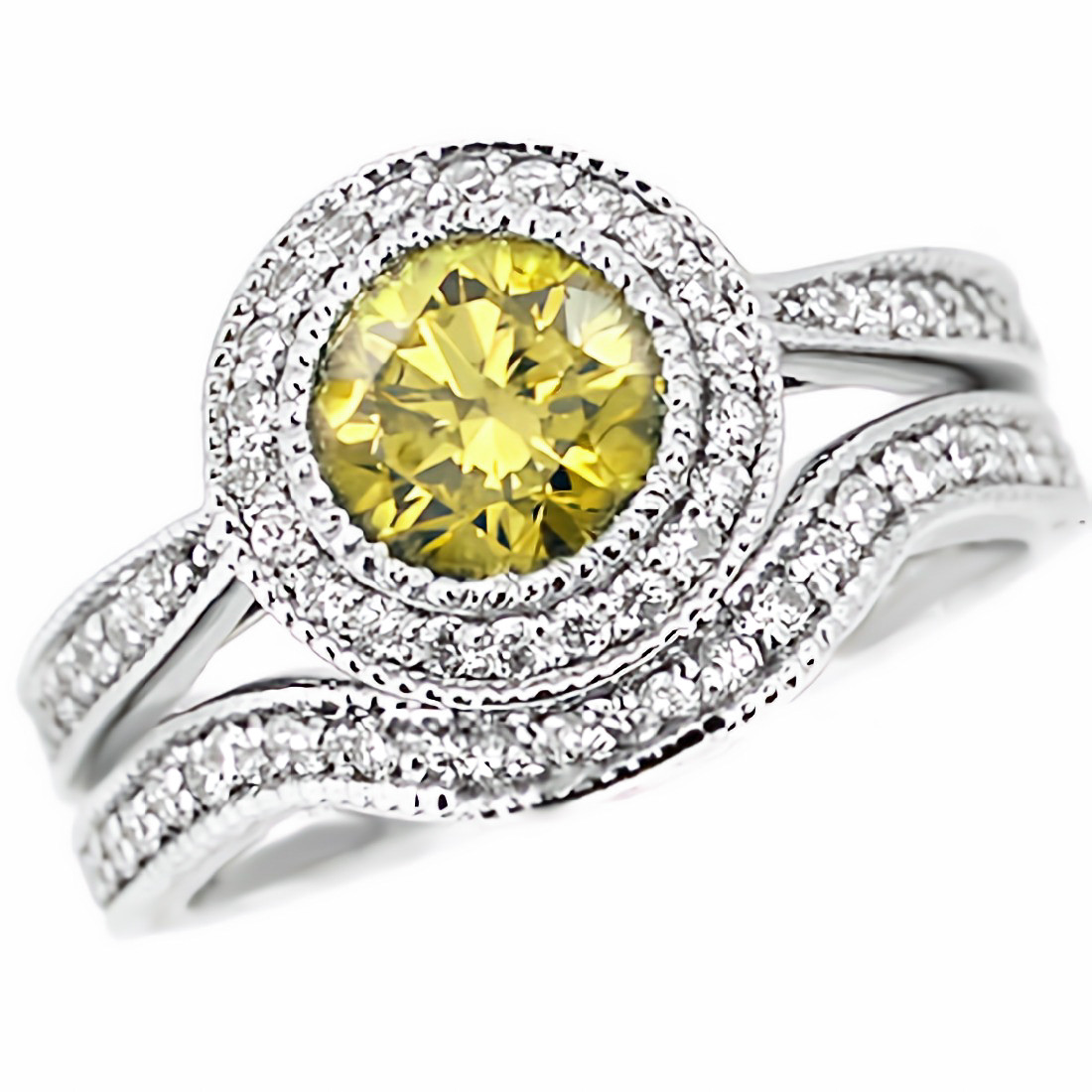 Canary Yellow Diamond Matching Halo Engagement Ring Set