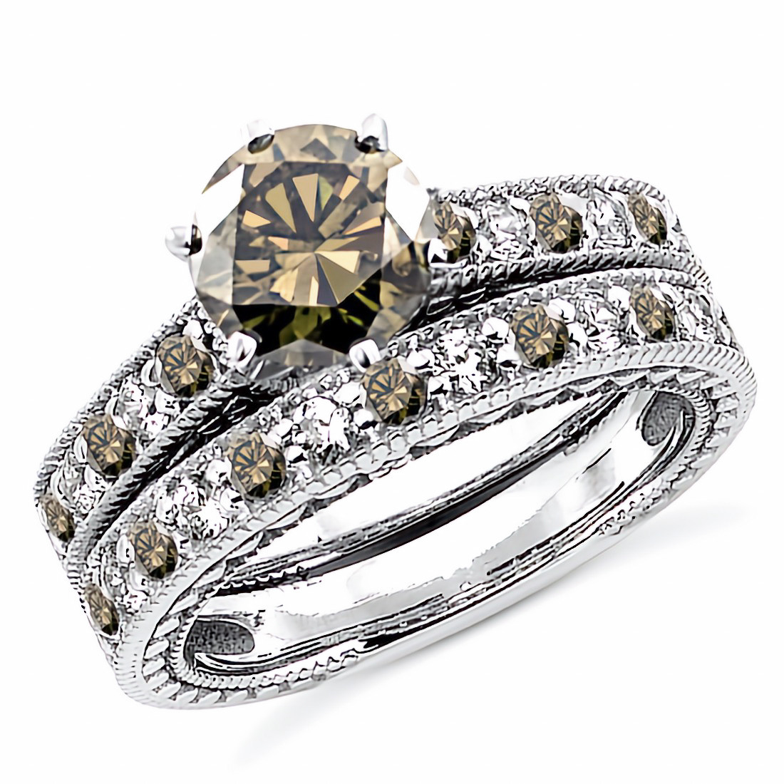 Champagne Brown Diamond Matching Engagement Ring Set
