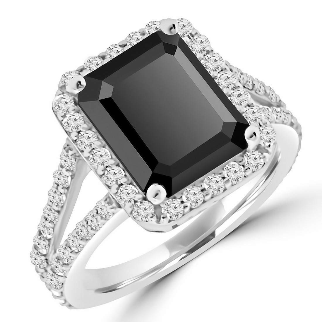Emerald-Cut Rectangular Black Diamond Halo Engagement Ring