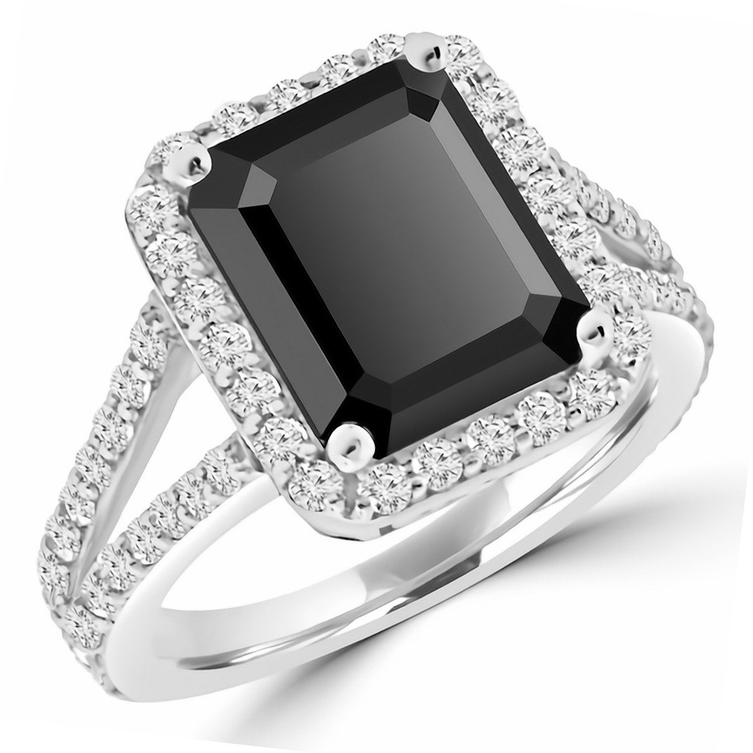 Emerald-Cut Rectangular Black Diamond Halo Engagement Ring