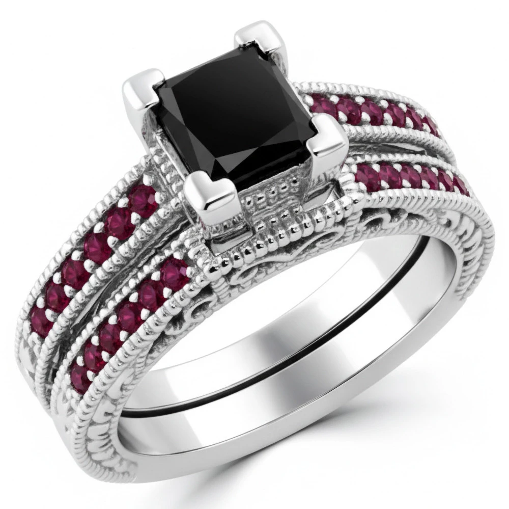 Princess Cut Black Diamond and Ruby Vintage-Inspired Engagement Ring Set