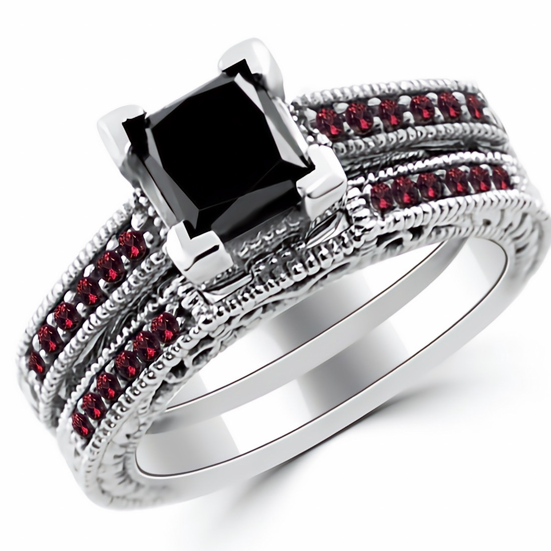 Red and black sales wedding ring sets