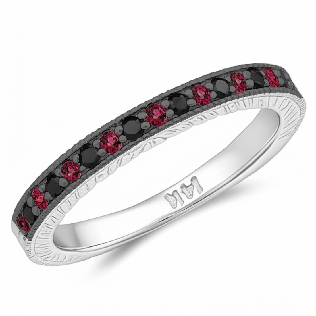 Vintage Style Black Diamond and Red Ruby Wedding Ring