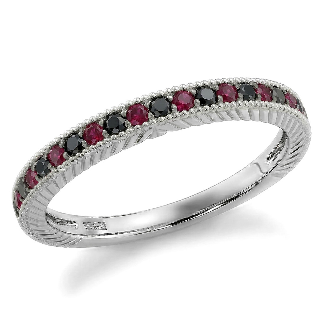 Vintage Style Black Diamond and Red Ruby Wedding Ring