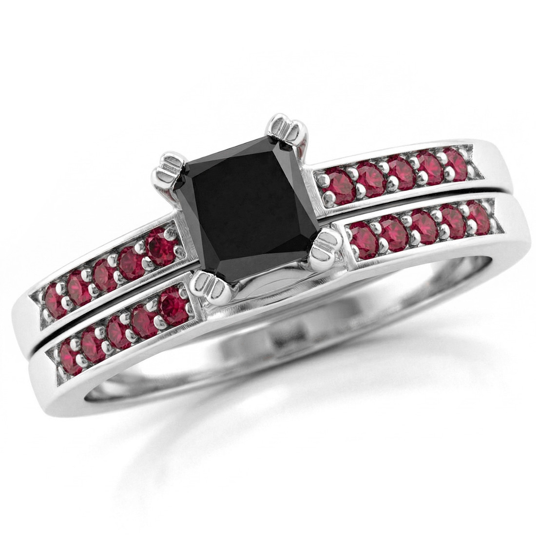 Princess Black Diamond and Red Ruby Matching Engagement Ring Set