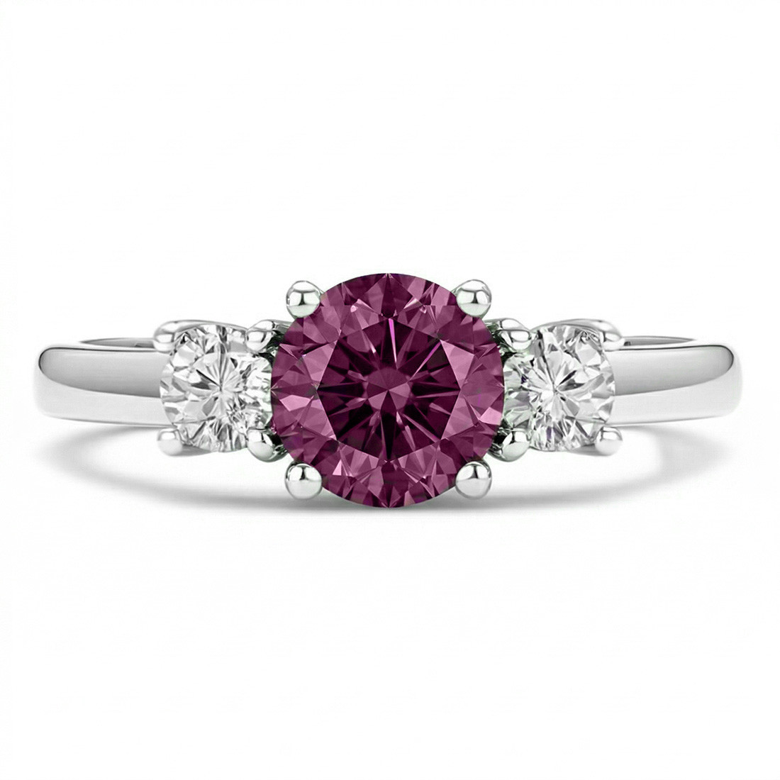Purple-Pink and White Diamond Three Stone Engagement Ring