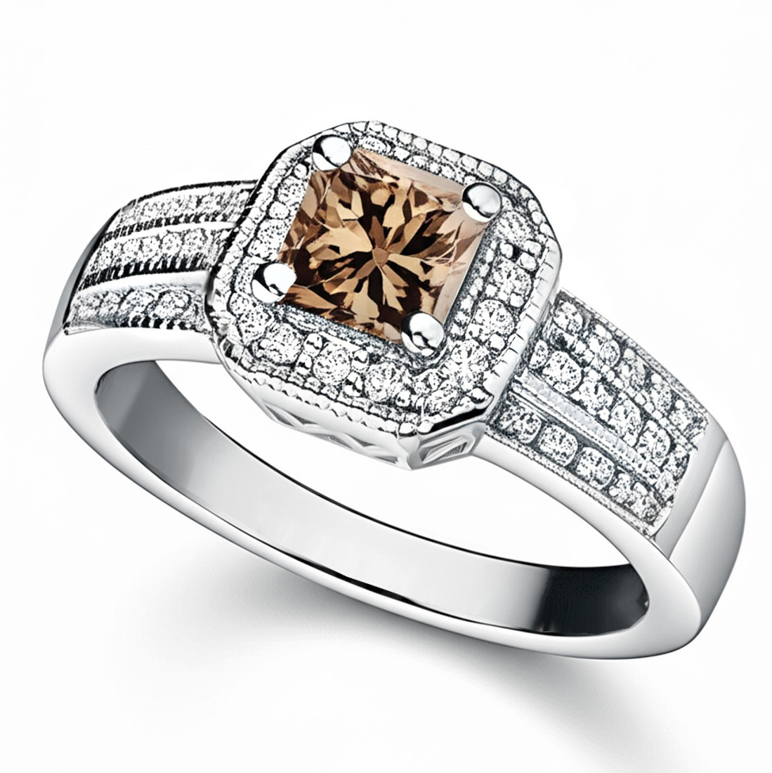 Princess-Cut Cognac Brown Diamond Halo Engagement Ring