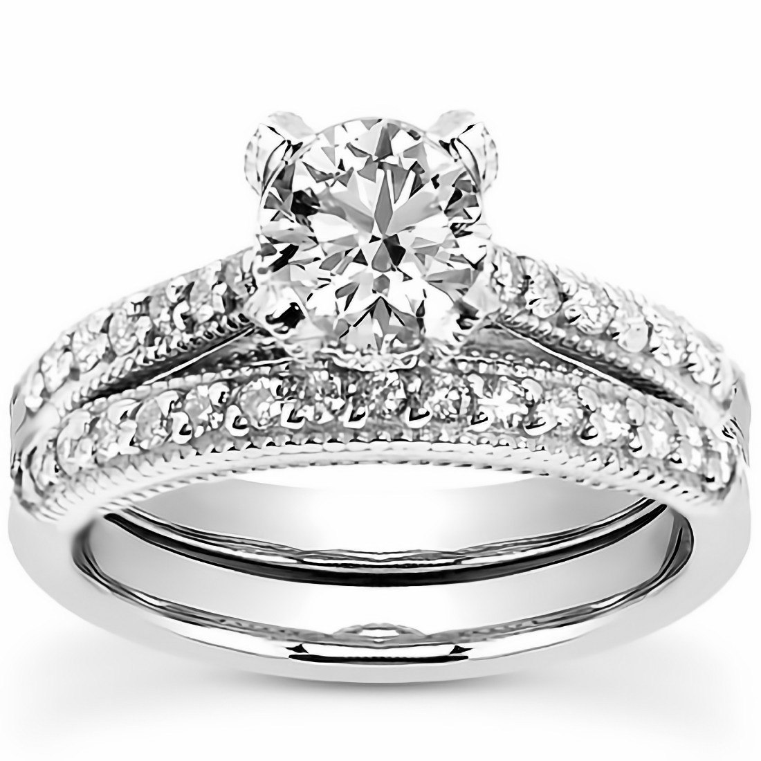 Matching Diamond Engagement Ring Set Leaves