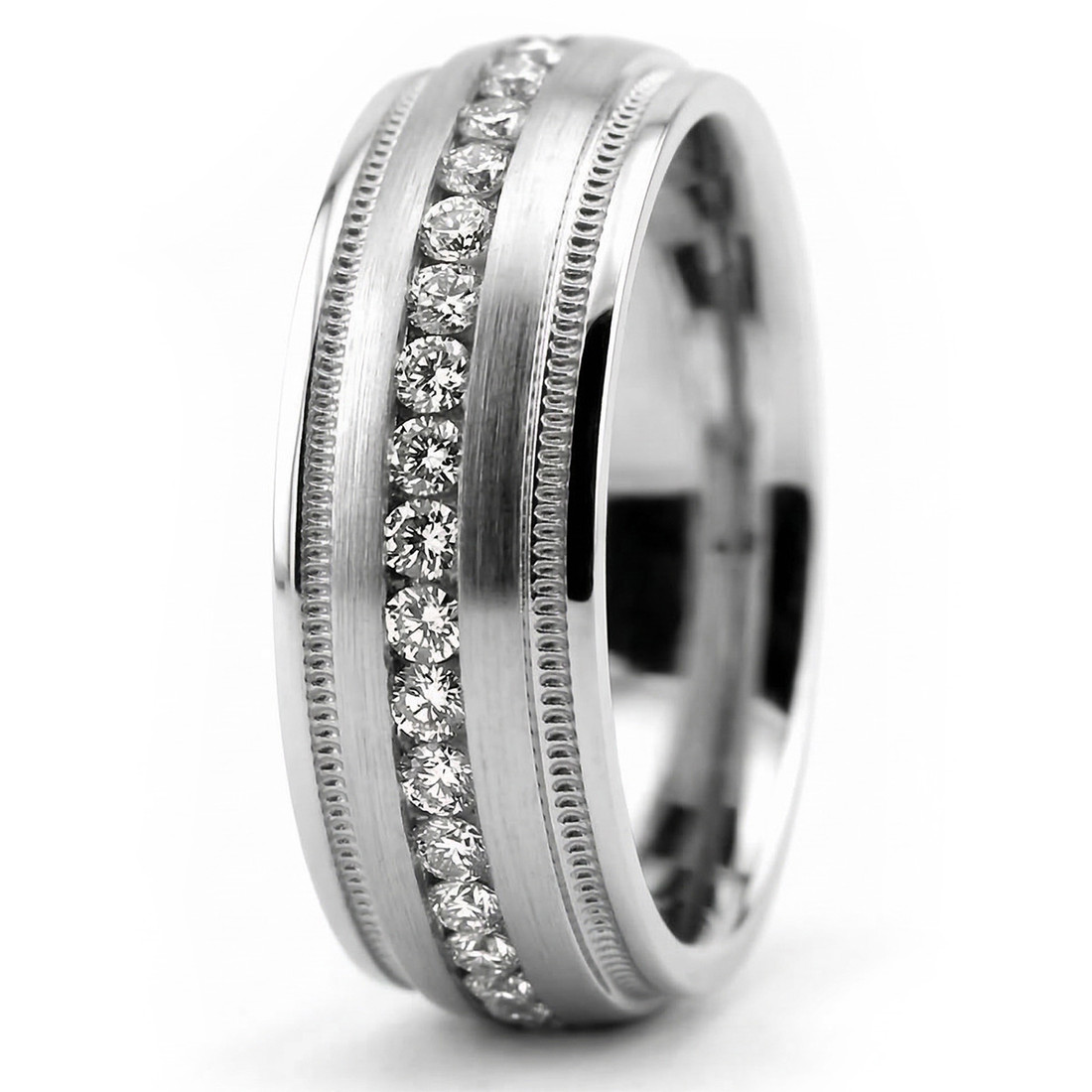 Channel-Set 1 Carat Diamond Eternity Wedding Band Brushed Men's Ring With Milgrain