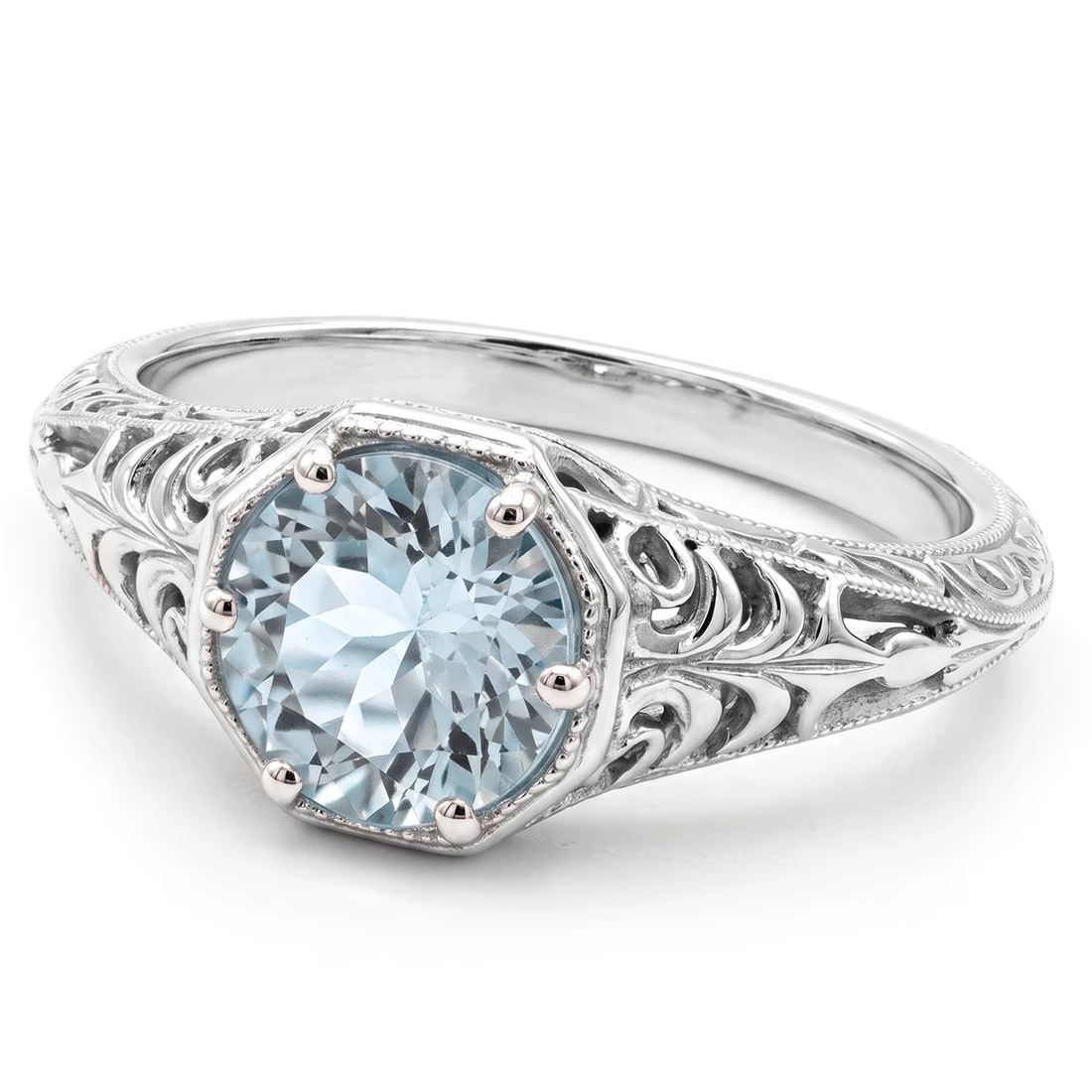 Blue Aquamarine Vintage-Inspired Solitaire Engagement Ring