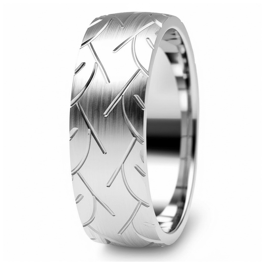 Men's 14k Gold Wedding Band Tire Tread Pattern Satin Ring