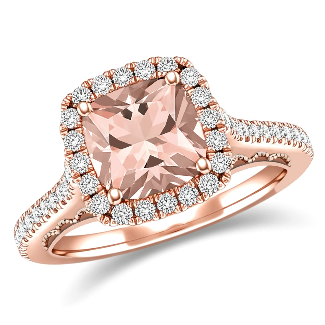 Peach Pink Morganite Diamond Halo 14k Rose Gold Engagement Ring
