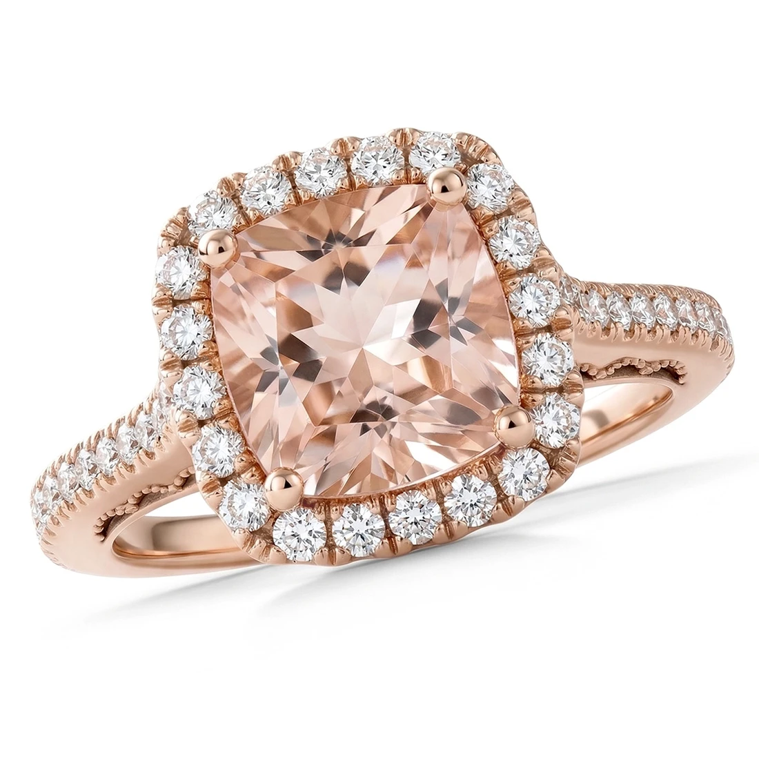 Peach Pink Morganite Diamond Halo 14k Rose Gold Engagement Ring