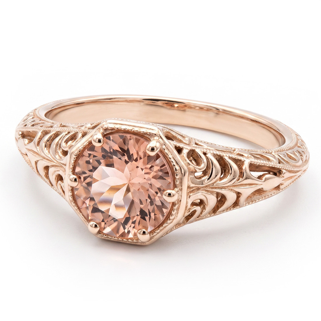 Peach Pink Morganite Vintage Solitaire Engagement Ring