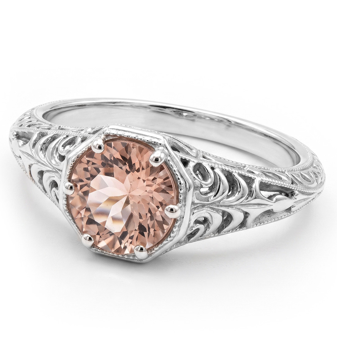 Peach Pink Morganite Vintage Style Solitaire Engagement Ring