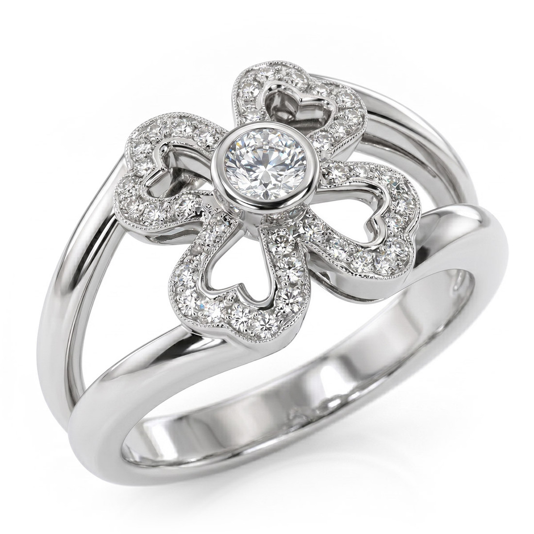 Diamond Clover Flower Statement Ring Gold or Platinum