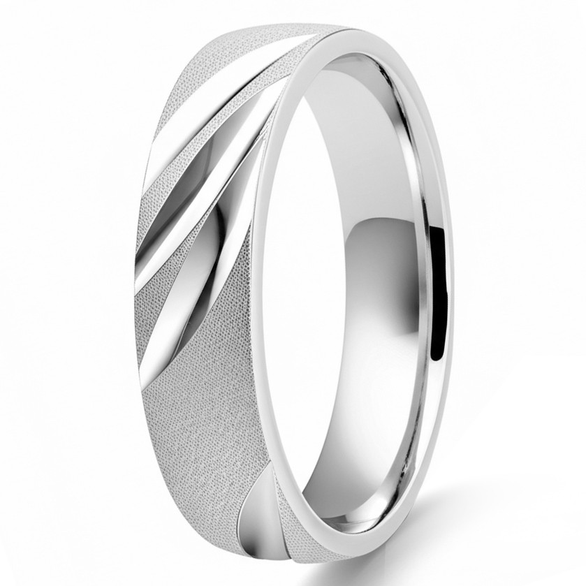 Sand-Blast Finished Platinum Wedding Band With Diagonal Cuts