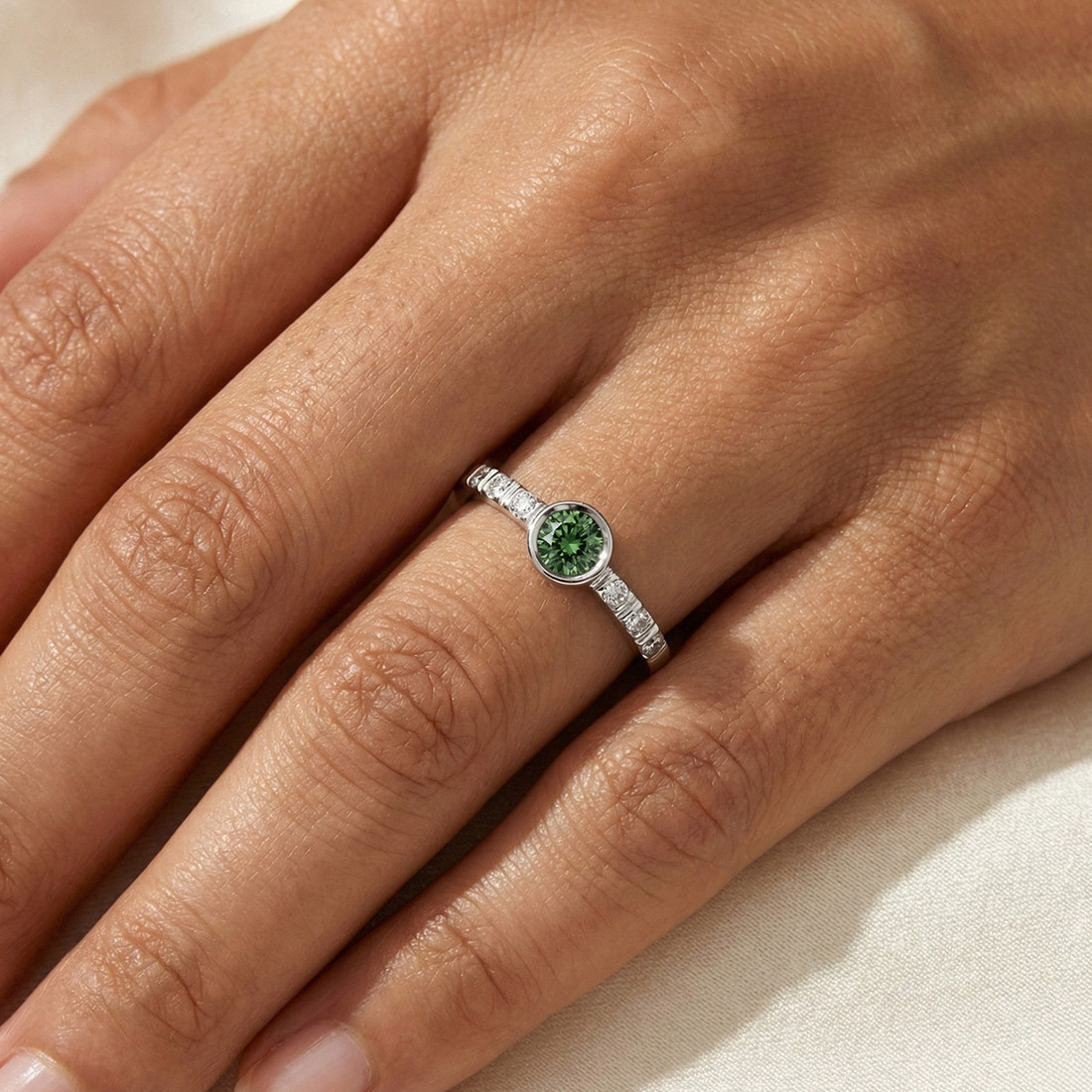 Dainty Green Diamond Bezel-Set Engagement / Promise Ring