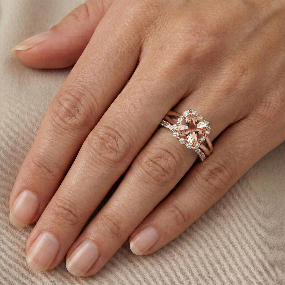 Peach Morganite Diamond Halo Engagement Ring Set in 14k Rose Gold