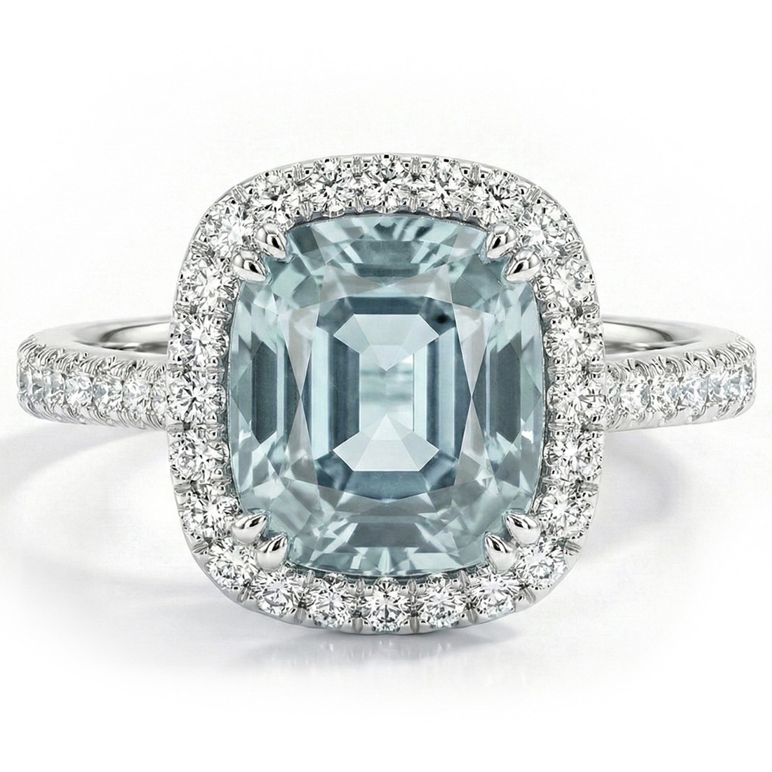 Cushion-Cut Blue Aquamarine and Diamond Halo Statement Ring