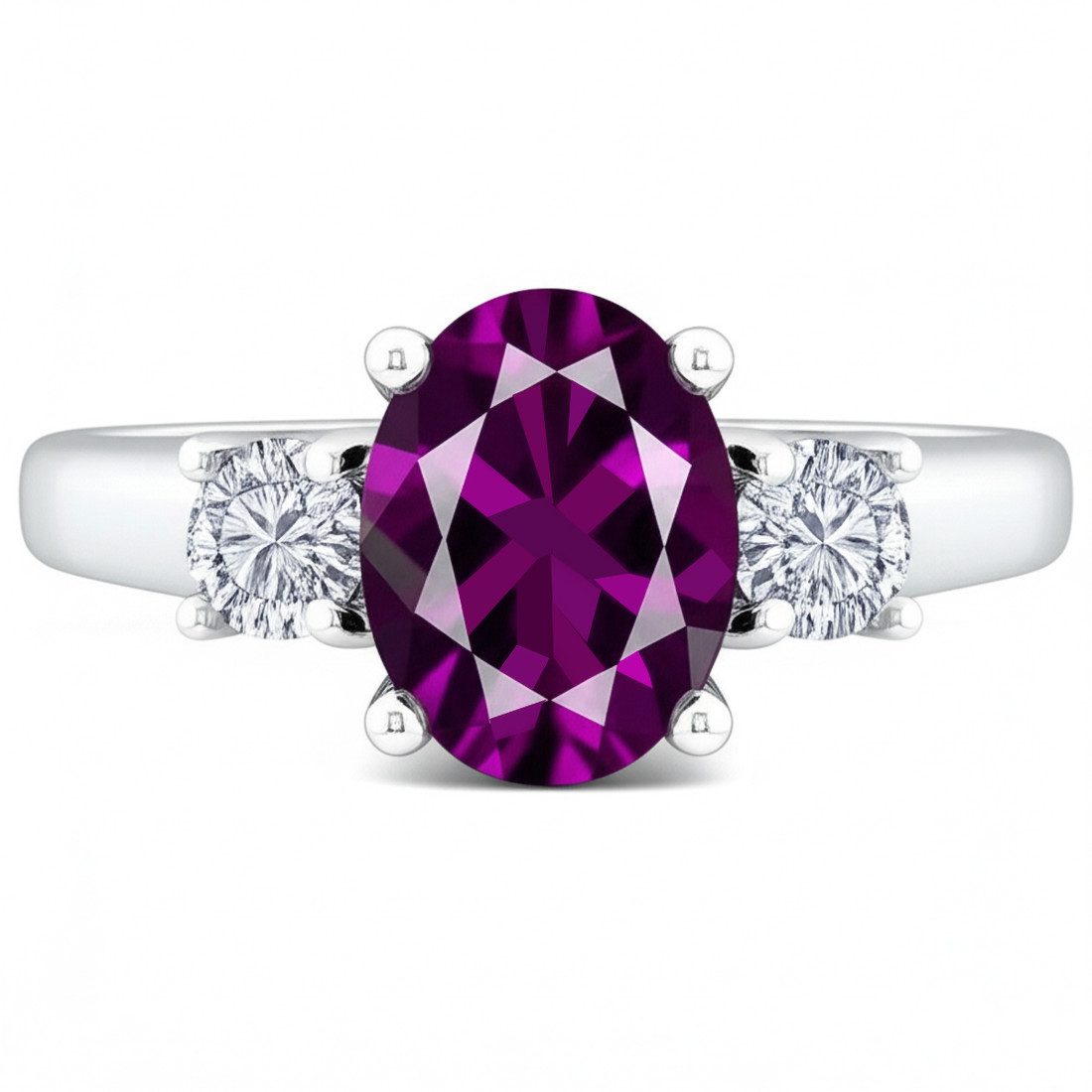 Purple-Pink Oval Sapphire and Diamond 3 Stone Engagement Ring
