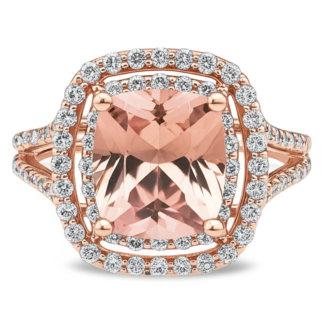 Peach Morganite and Diamond Double Halo Statement Ring 14k Rose Gold