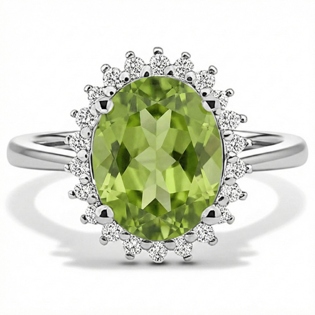 Oval Green Peridot and Diamond Halo Statement Engagement Ring