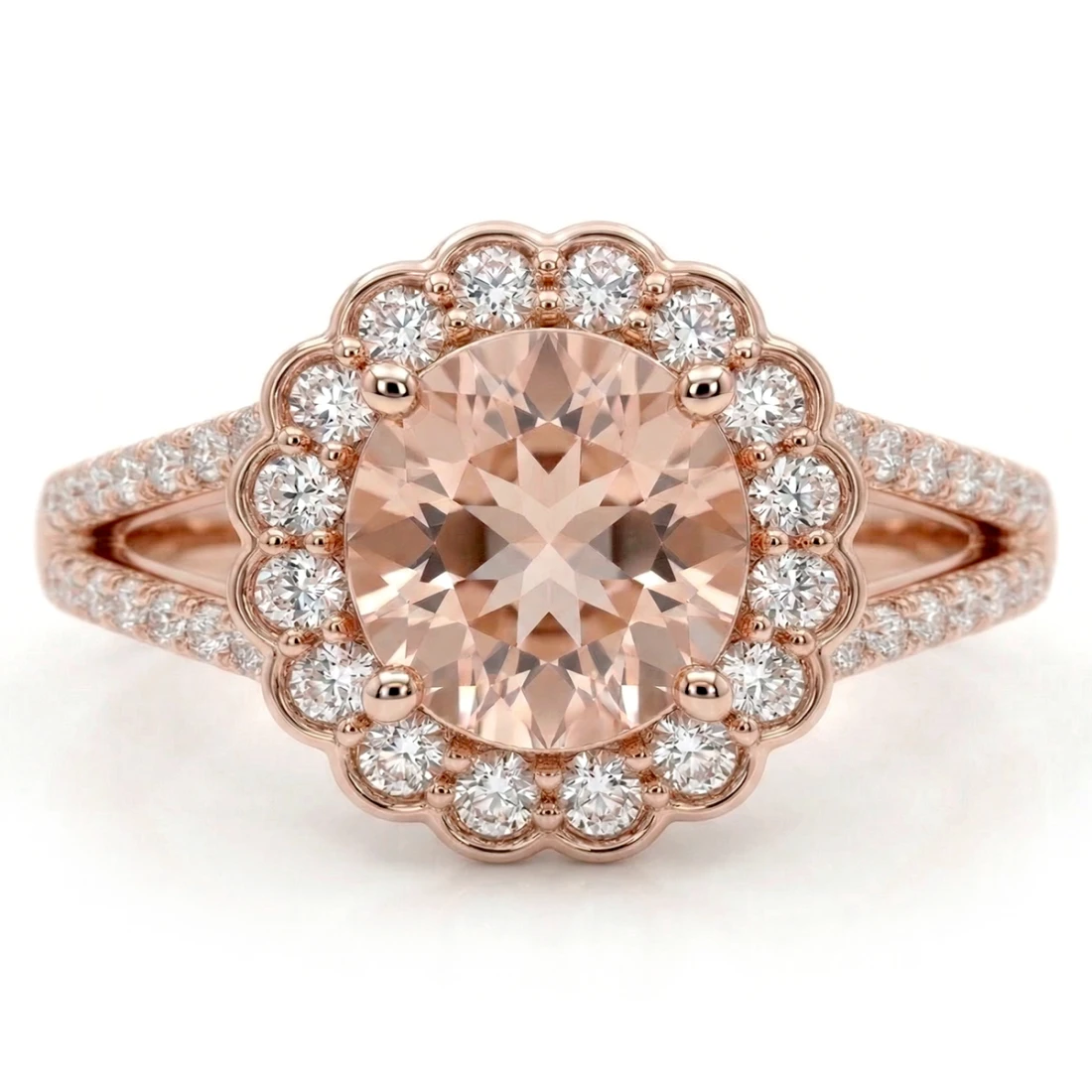 Peach Pink Morganite and Diamond Halo 14k Rose Gold Engagement Ring
