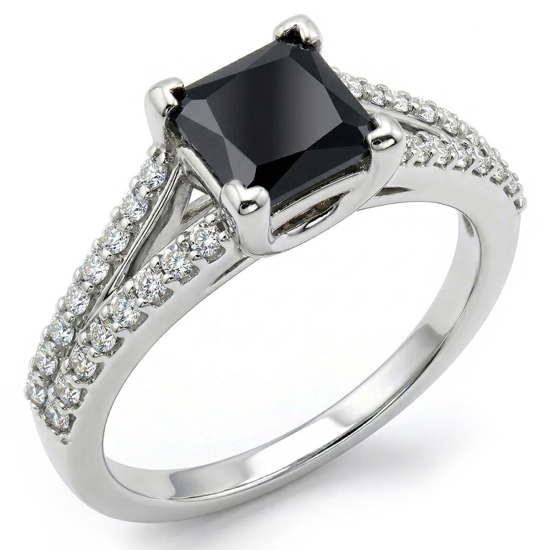 Princess Cut Black Diamond Engagement Ring Split Band Design