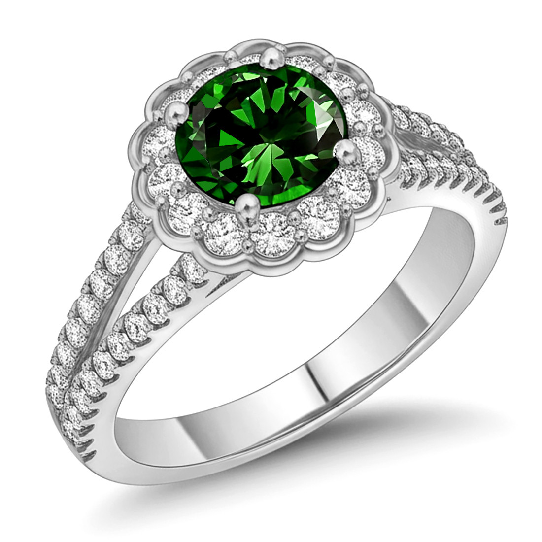 Fancy Green Diamond Halo Engagement Ring With Split Shank