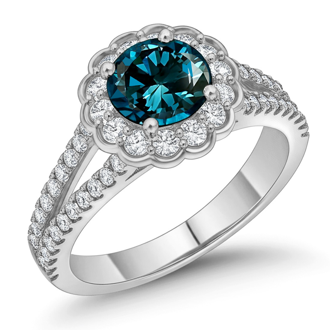Blue White Diamond Halo Engagement Ring With Split Shank