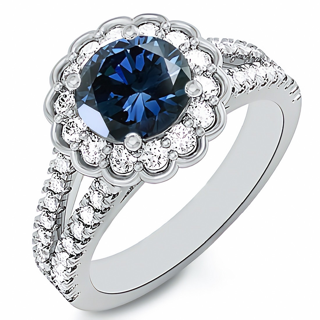 Blue Sapphire Diamond Halo Split Engagement Ring