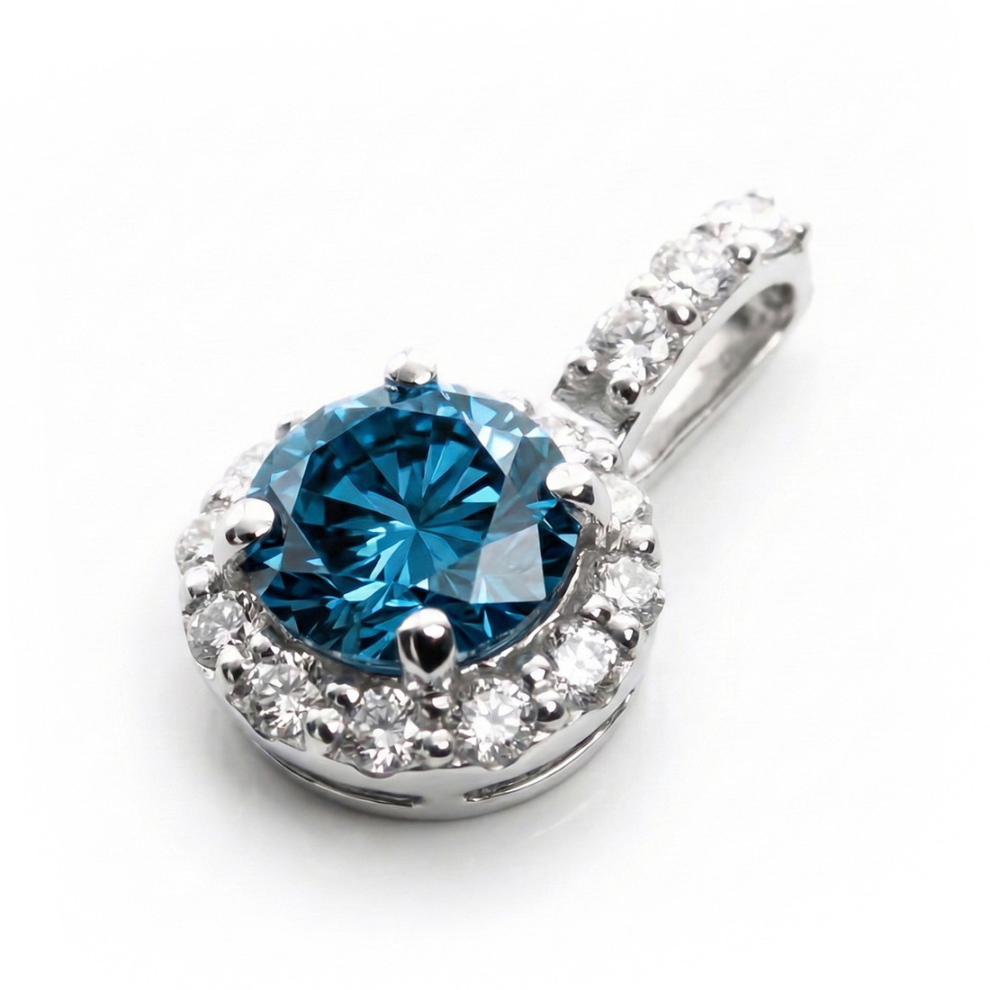 Blue Diamond Halo Pendant Necklace White Gold