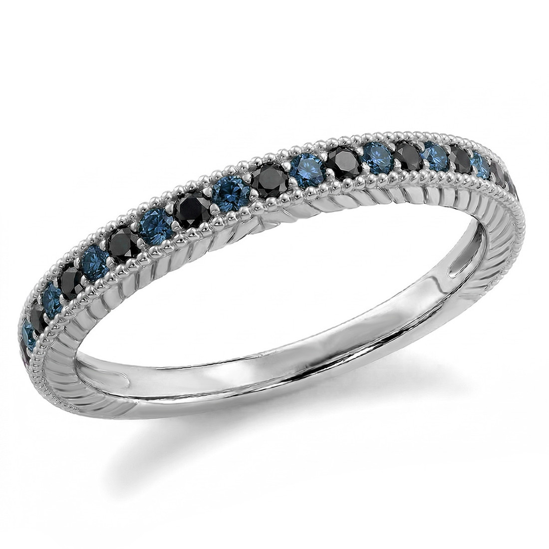Blue and Black Diamond Wedding Band Vintage Style Ring