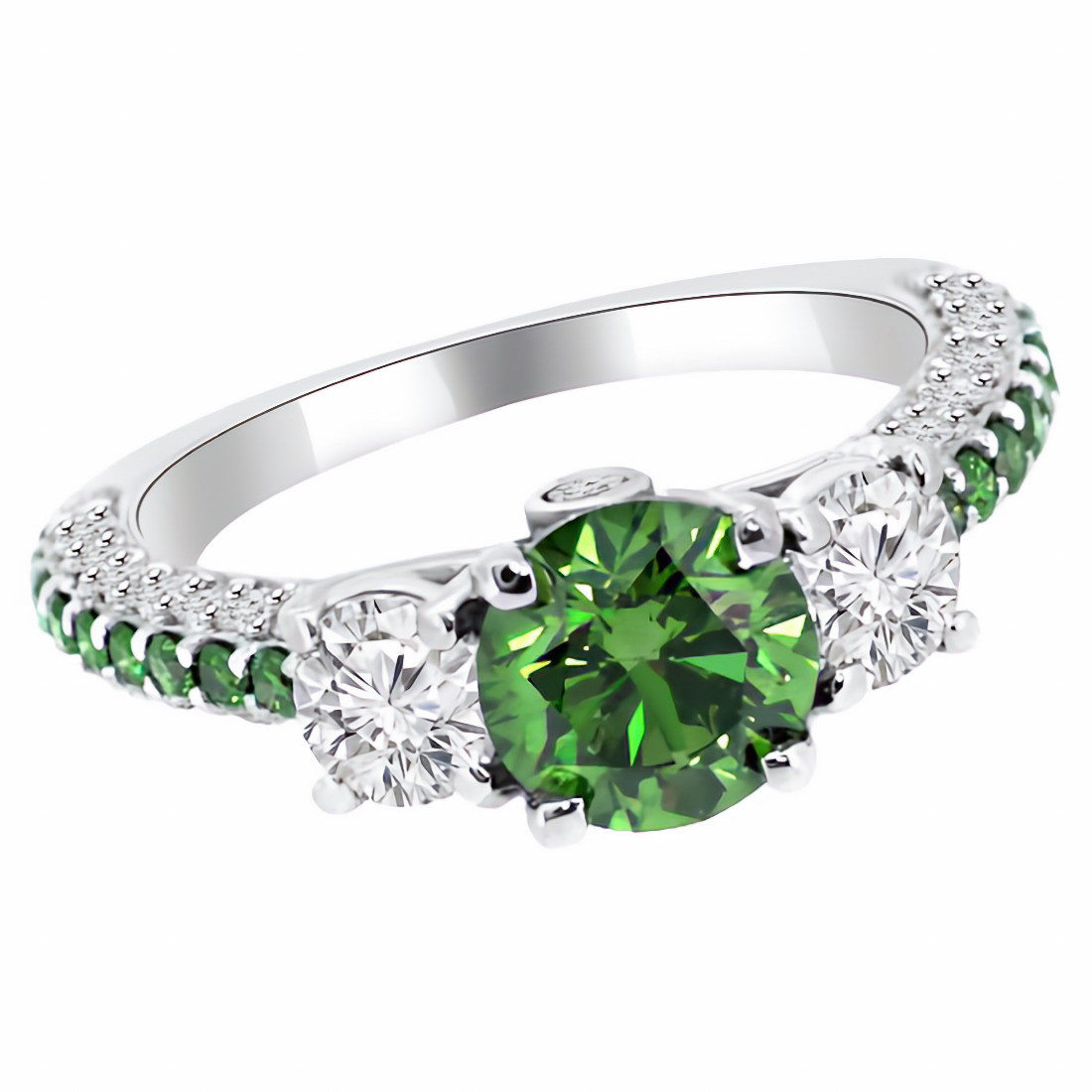 Platinum ring with green stone and diamonds