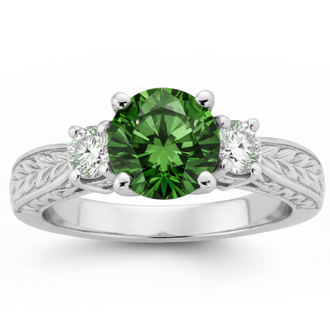 Fancy Green Diamond 3 Stone Vintage Style Engagement Ring