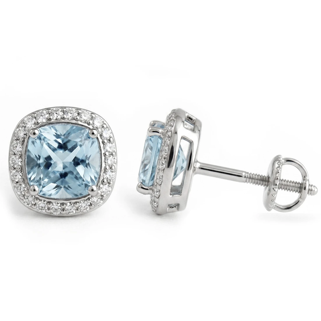 Cushion Cut Blue Aquamarine and Diamond Stud Halo Earrings 14k White Gold