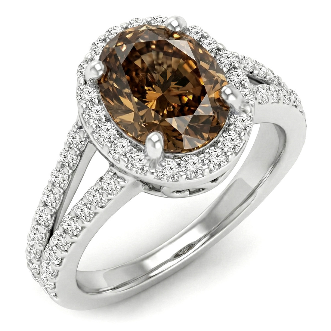 Oval Cognac Brown Diamond Halo Engagement Bridal Ring