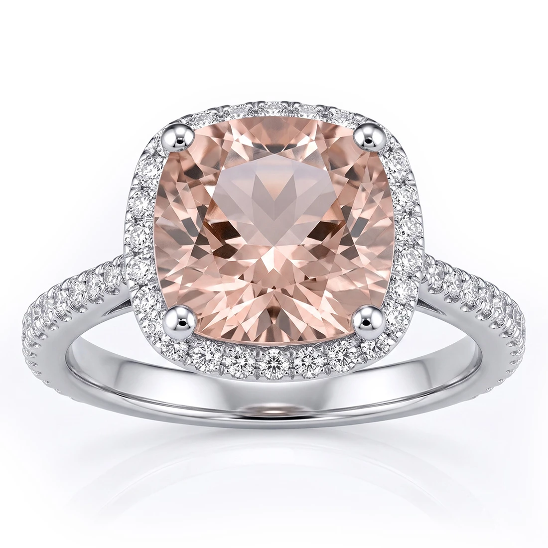 Cushion Cut Peach-Pink Morganite and Diamond Halo Ring