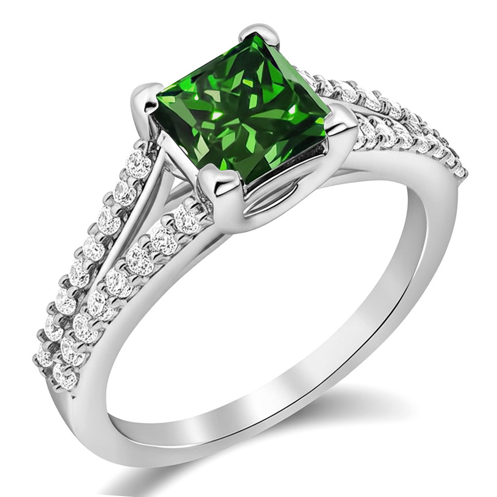 Princess Cut Green Diamond Split Bridal Engagement Ring
